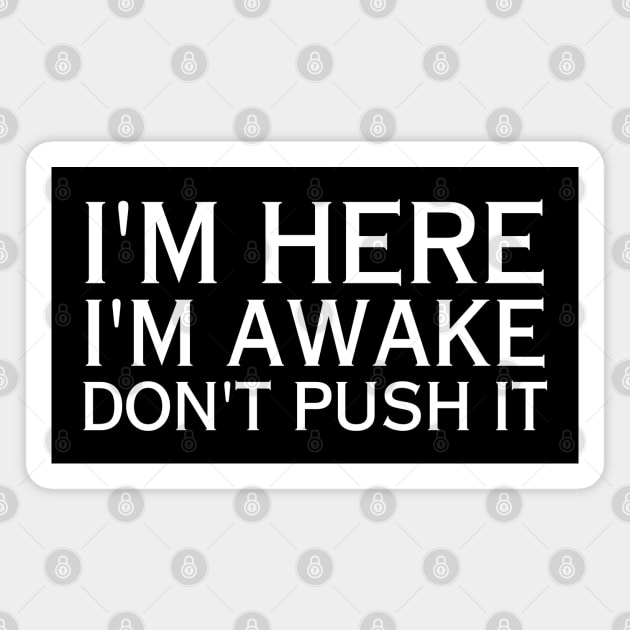 I'm Here I'm Awake Don't Push It-Sarcastic Saying Magnet by HobbyAndArt